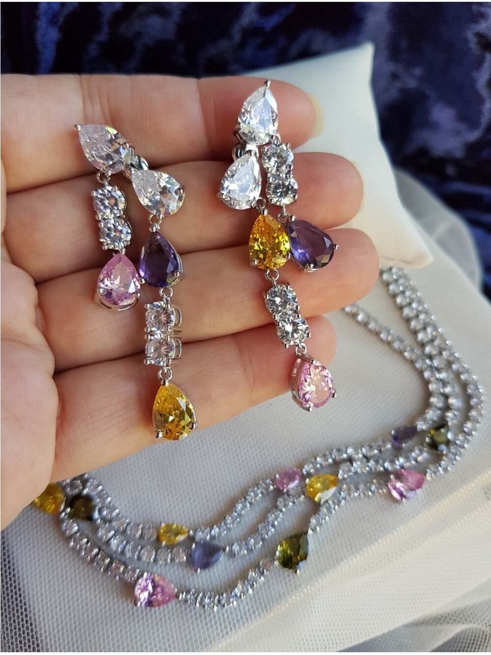 Swarovski Elements Teardrop Pink Purple & Yellow Gem Layered Necklace NEW - Picture 16 of 17